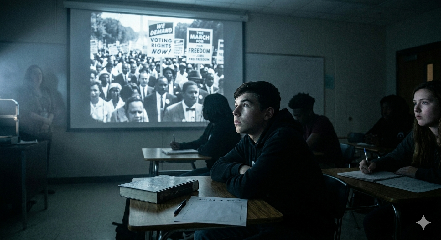 Students watching civil rights protest footage projected in a darkened classroom