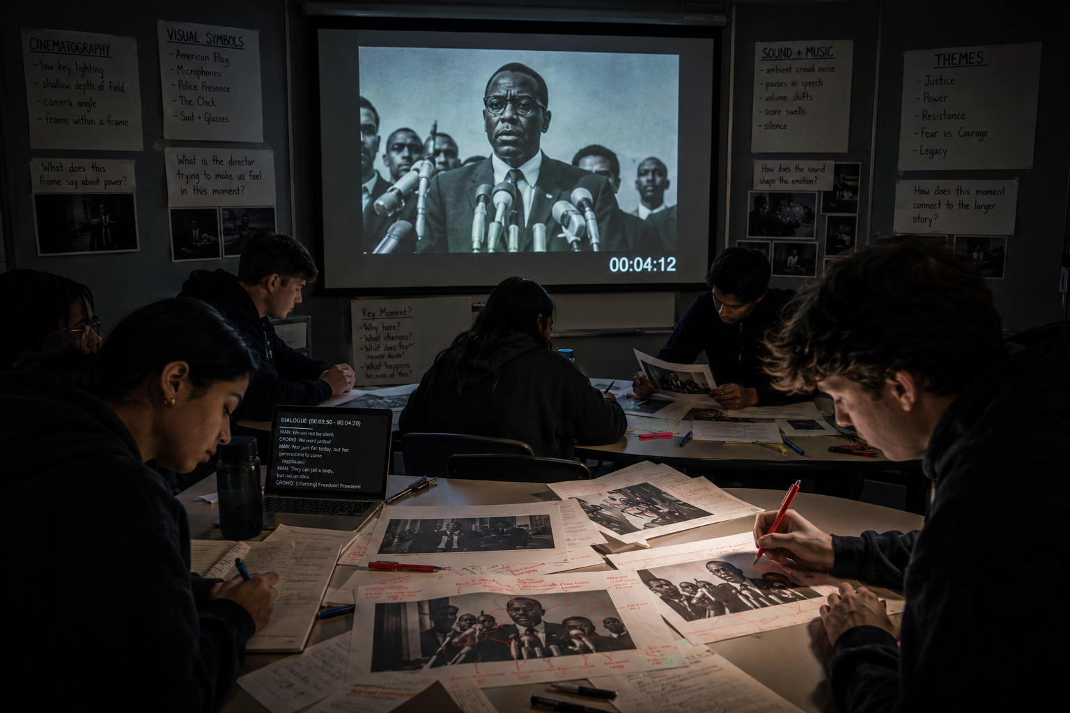 Students comparing source materials at a study table while a film of a historical leader plays on screen