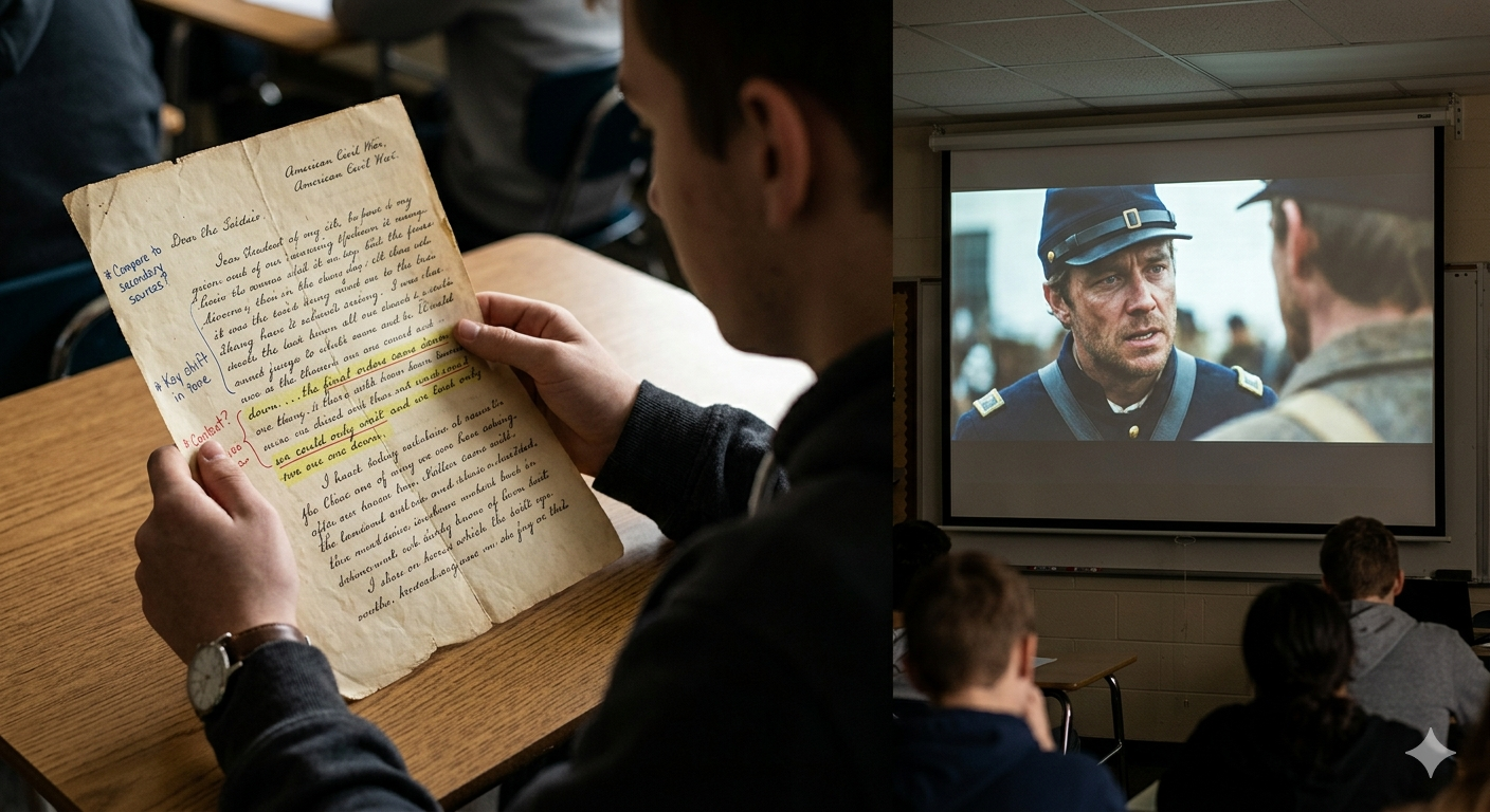 A student studies a primary source document while a film plays in the background