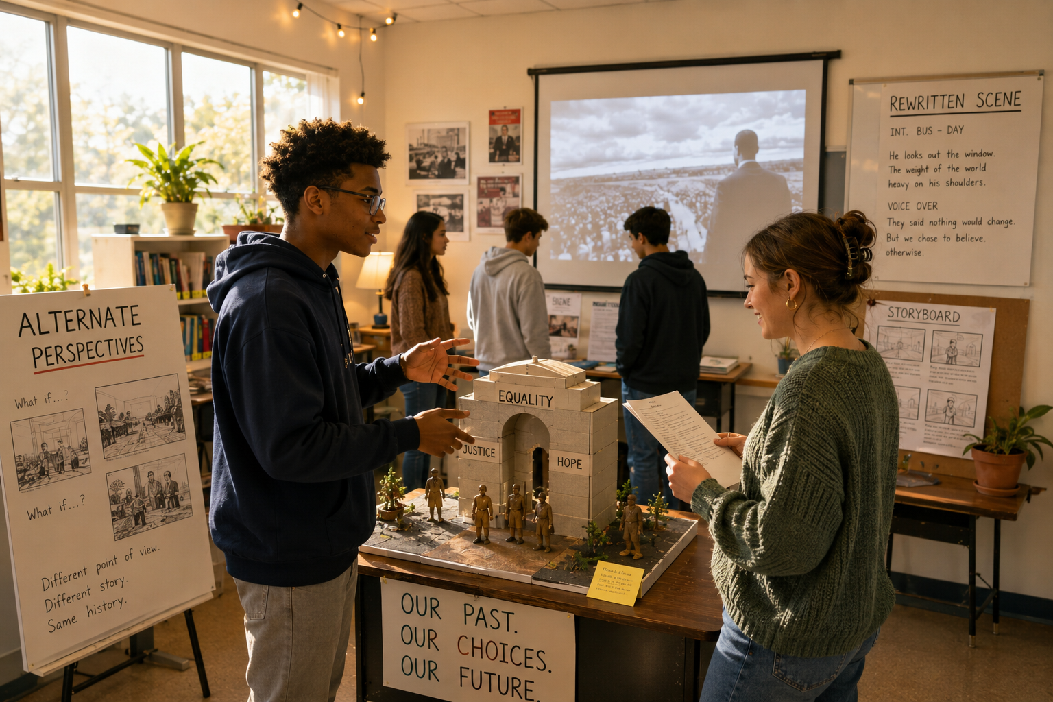 Students presenting a hand-built equality monument alongside a rewritten-scene exhibit and storyboard